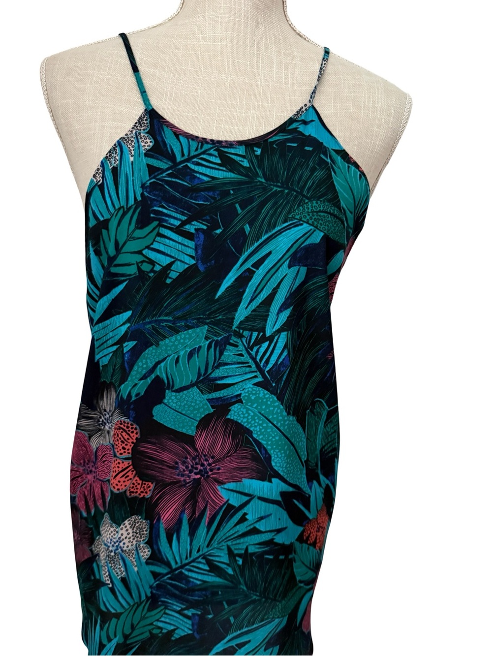 LOFT Teal & Navy Tropical-Print Slip Blouse